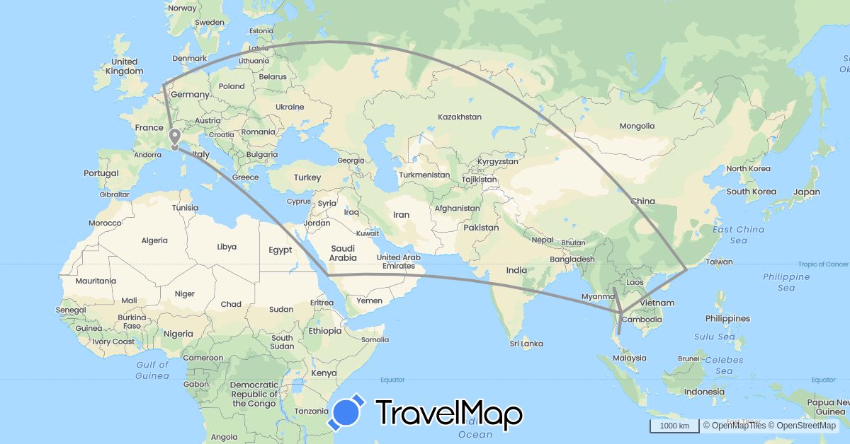 TravelMap itinerary: driving, plane in France, Hong Kong, Italy, Netherlands, Saudi Arabia, Thailand (Asia, Europe)