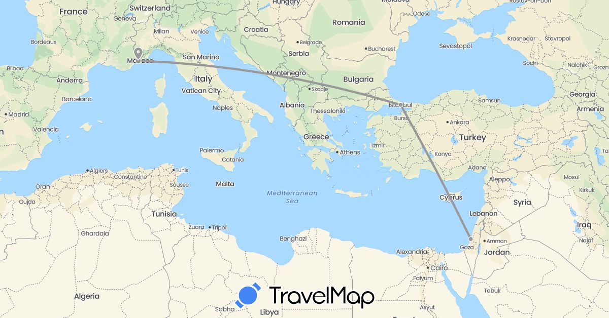 TravelMap itinerary: driving, plane in France, Israel, Turkey (Asia, Europe)