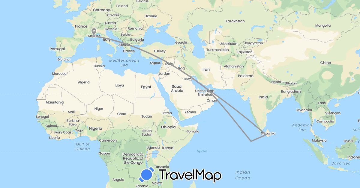 TravelMap itinerary: driving, plane in United Arab Emirates, France, Sri Lanka (Asia, Europe)