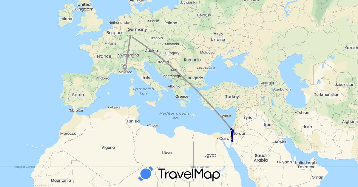 TravelMap itinerary: driving, plane in Germany, France, Israel (Asia, Europe)