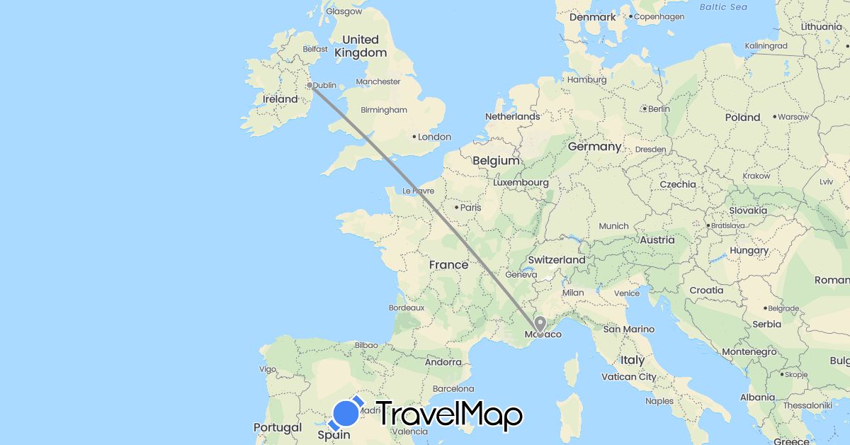 TravelMap itinerary: driving, plane in France, Ireland (Europe)