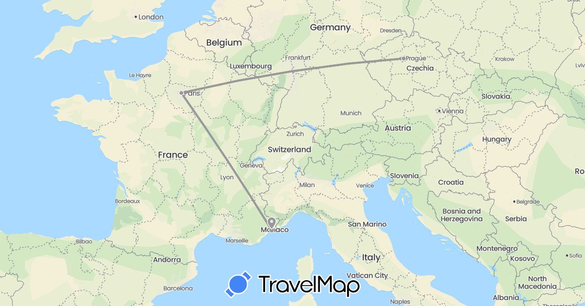 TravelMap itinerary: driving, plane in Czech Republic, France (Europe)