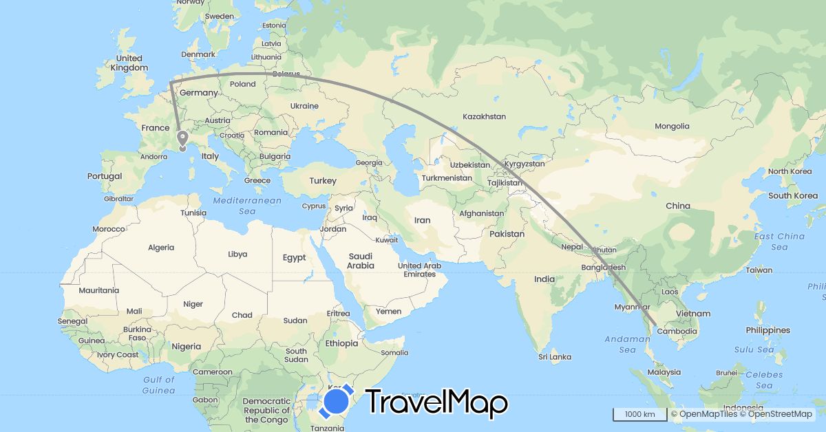 TravelMap itinerary: driving, plane in France, Netherlands, Thailand (Asia, Europe)
