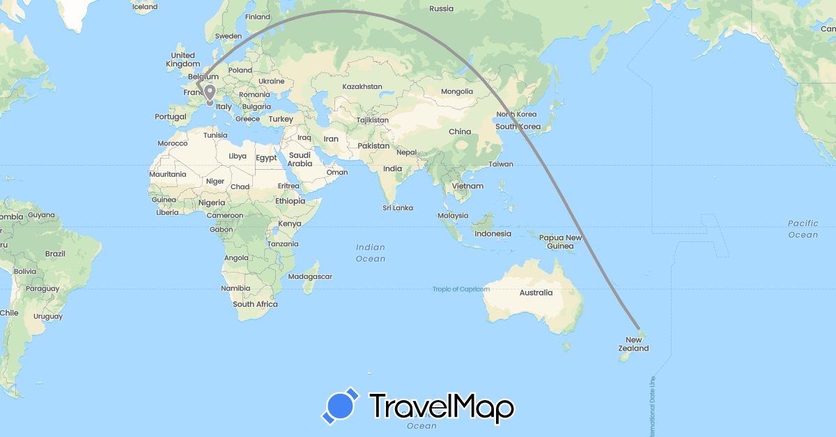 TravelMap itinerary: driving, plane in France, South Korea, New Zealand (Asia, Europe, Oceania)
