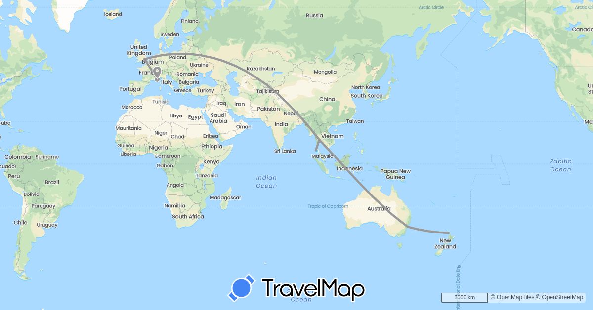 TravelMap itinerary: driving, plane, boat in Australia, France, United Kingdom, New Zealand, Thailand (Asia, Europe, Oceania)