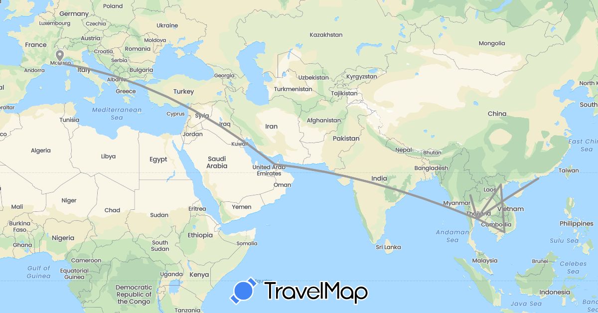 TravelMap itinerary: driving, plane in United Arab Emirates, France, Hong Kong, Thailand, Vietnam (Asia, Europe)