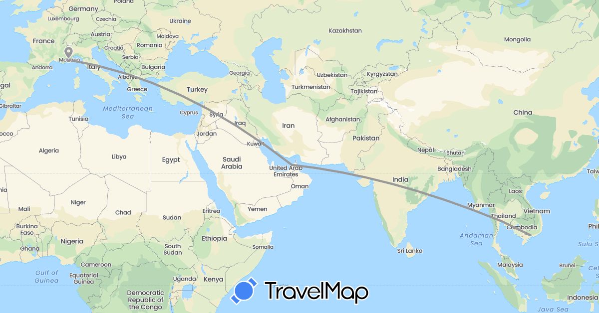 TravelMap itinerary: driving, plane in United Arab Emirates, France, Thailand, Vietnam (Asia, Europe)