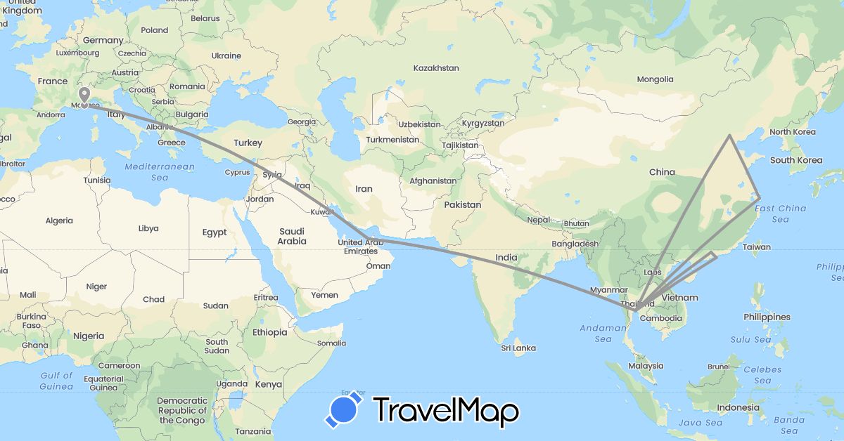 TravelMap itinerary: driving, plane in United Arab Emirates, China, France, Hong Kong, Thailand (Asia, Europe)