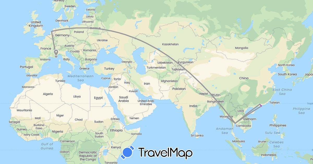 TravelMap itinerary: driving, plane, train in China, France, Hong Kong, Myanmar (Burma), Netherlands, Thailand (Asia, Europe)