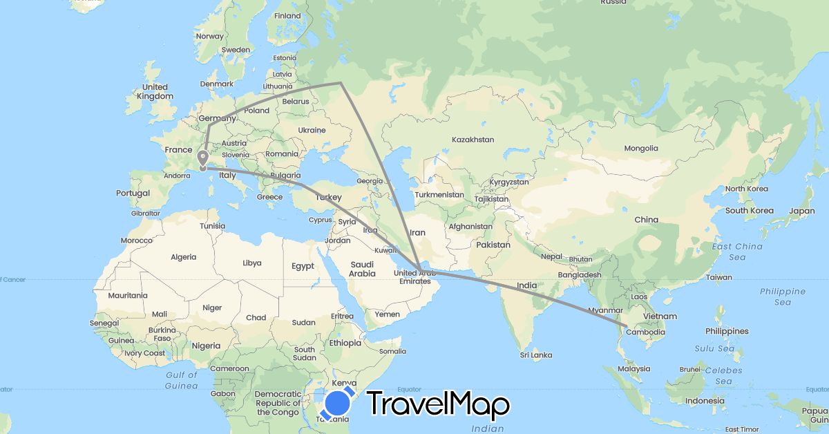 TravelMap itinerary: driving, plane in United Arab Emirates, Germany, France, Russia, Thailand, Turkey (Asia, Europe)