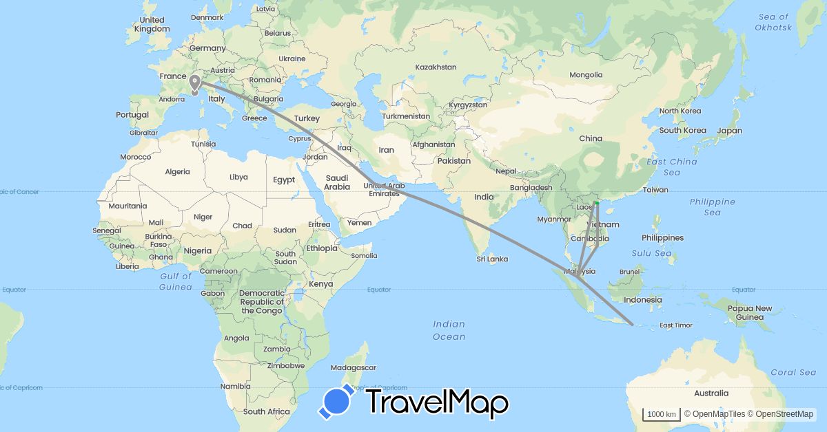 TravelMap itinerary: driving, bus, plane in France, Indonesia, Italy, Malaysia, Qatar, Vietnam (Asia, Europe)