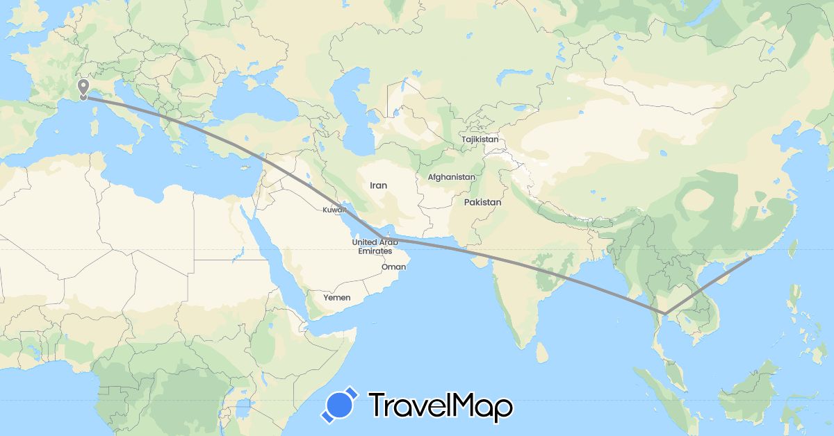 TravelMap itinerary: driving, plane in United Arab Emirates, France, Hong Kong, Thailand (Asia, Europe)