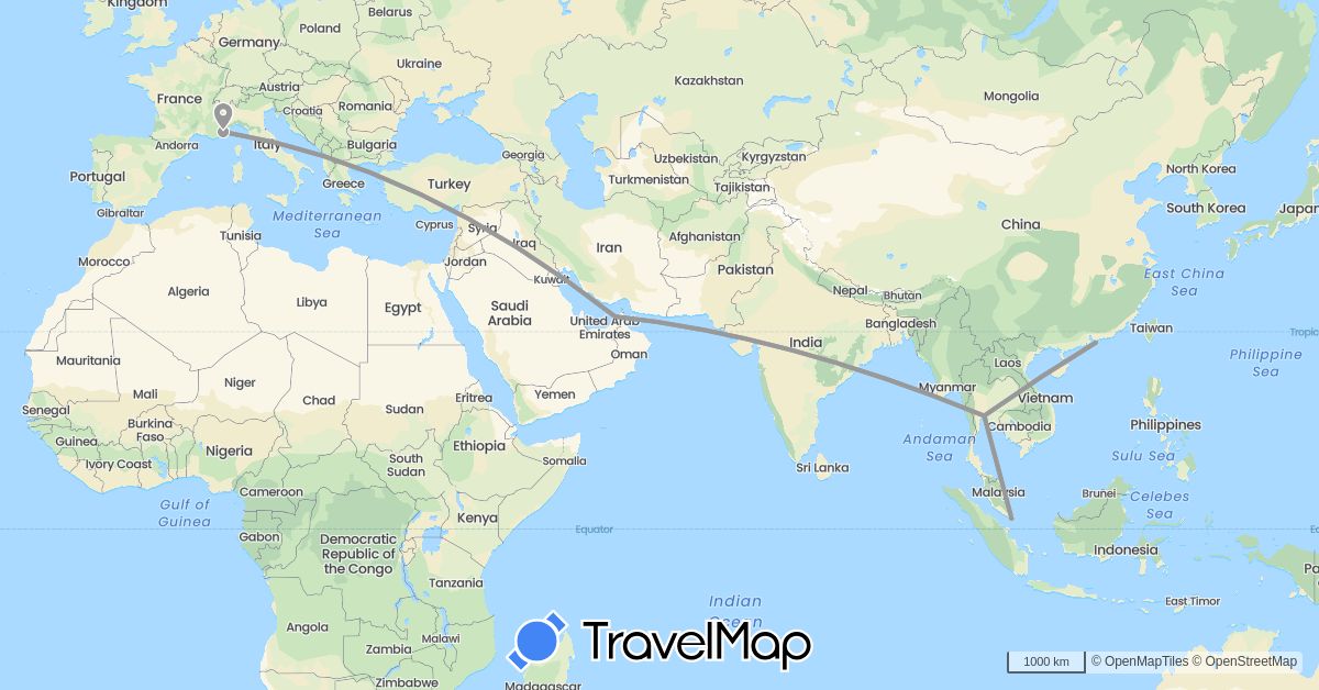 TravelMap itinerary: driving, plane in United Arab Emirates, France, Hong Kong, Singapore, Thailand (Asia, Europe)