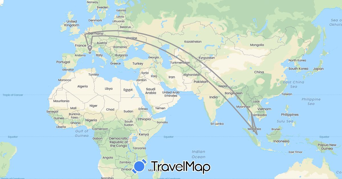 TravelMap itinerary: driving, plane in Belgium, Germany, France, Malaysia, Singapore, Thailand (Asia, Europe)