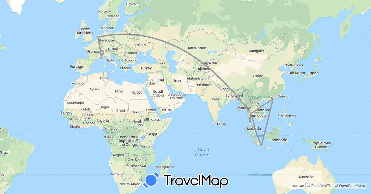 TravelMap itinerary: driving, plane, train, boat in China, France, Hong Kong, Indonesia, Netherlands, Singapore, Thailand (Asia, Europe)