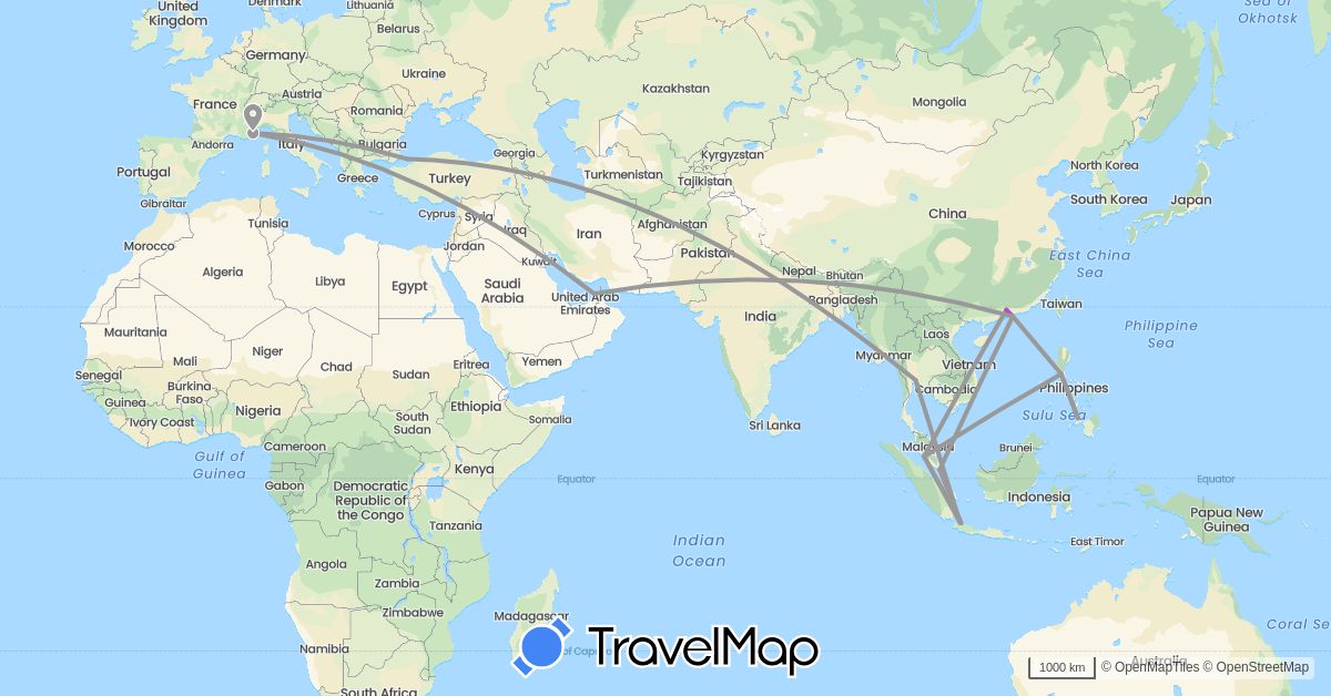 TravelMap itinerary: driving, plane, train in United Arab Emirates, China, France, Hong Kong, Indonesia, Malaysia, Philippines, Singapore, Thailand, Turkey (Asia, Europe)
