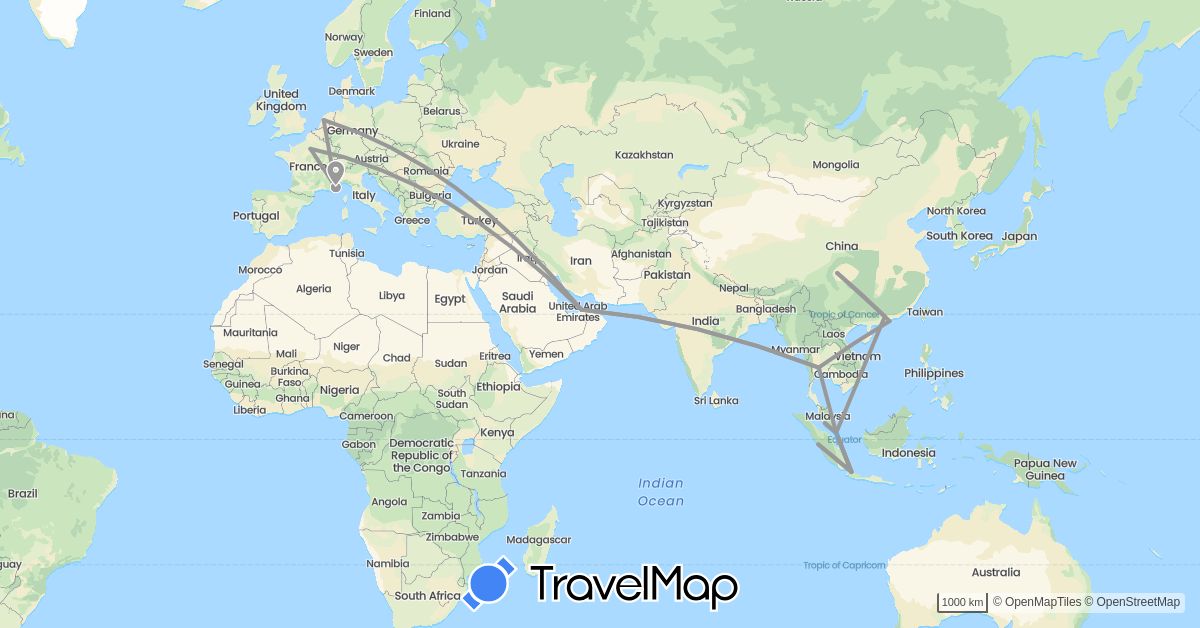 TravelMap itinerary: driving, plane, boat in United Arab Emirates, China, France, Hong Kong, Indonesia, Malaysia, Netherlands, Singapore, Thailand (Asia, Europe)