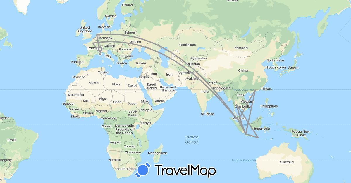 TravelMap itinerary: driving, plane in China, France, Indonesia, Malaysia, Netherlands, Singapore, Thailand (Asia, Europe)