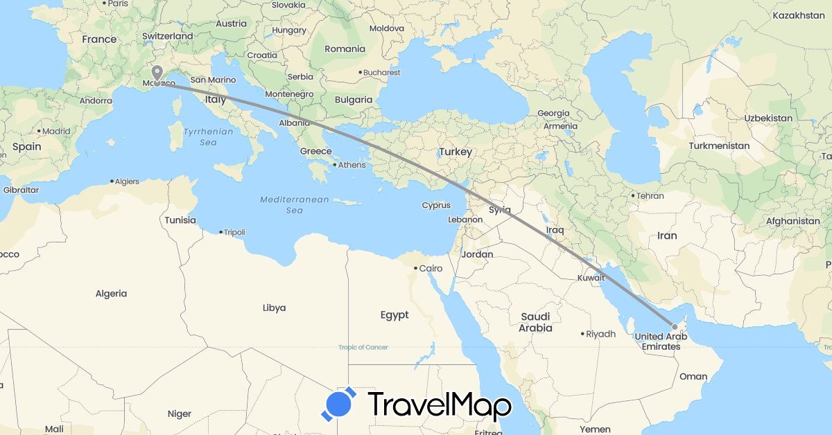 TravelMap itinerary: driving, plane in United Arab Emirates, France (Asia, Europe)