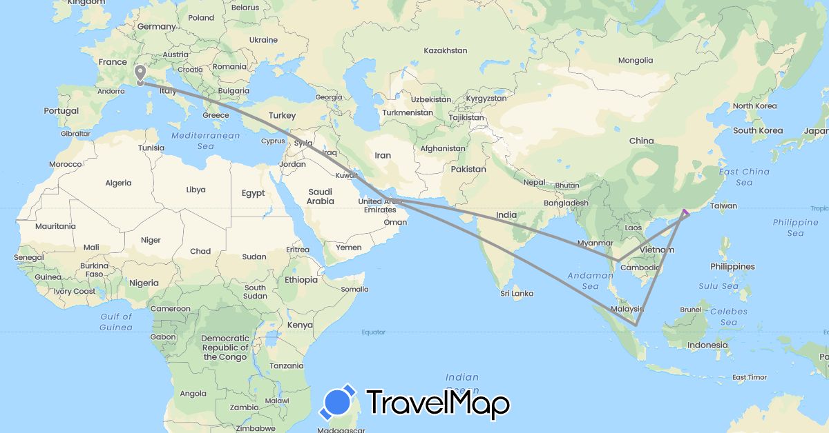 TravelMap itinerary: driving, plane, train in United Arab Emirates, China, France, Hong Kong, Singapore, Thailand (Asia, Europe)