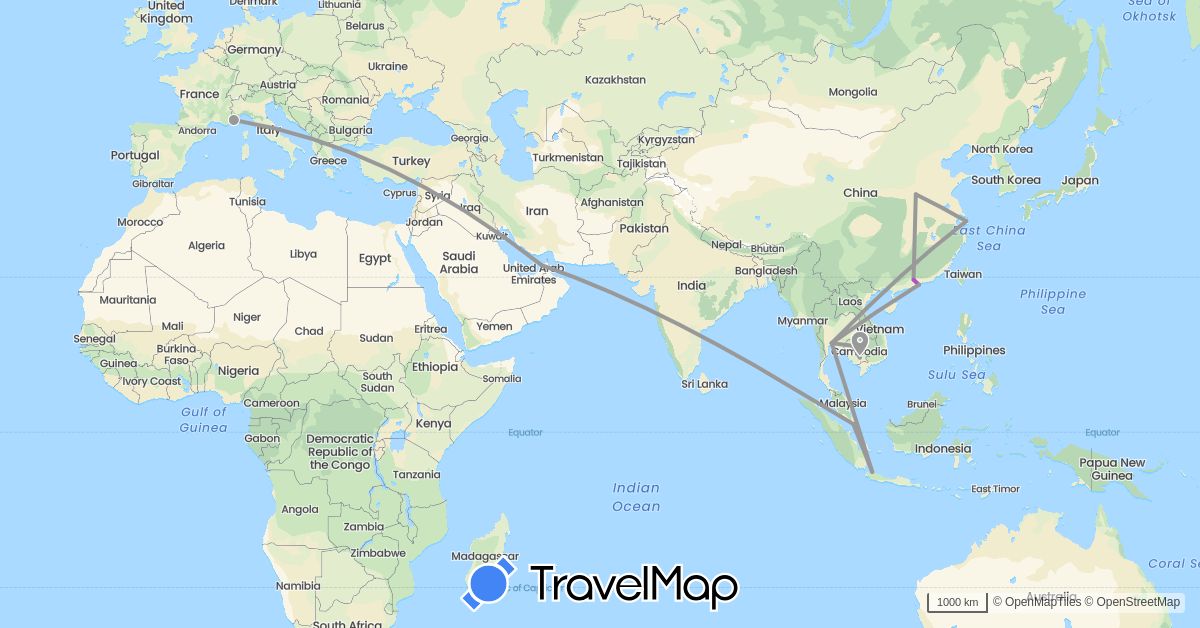 TravelMap itinerary: driving, plane, train in United Arab Emirates, China, France, Indonesia, Cambodia, Singapore, Thailand (Asia, Europe)